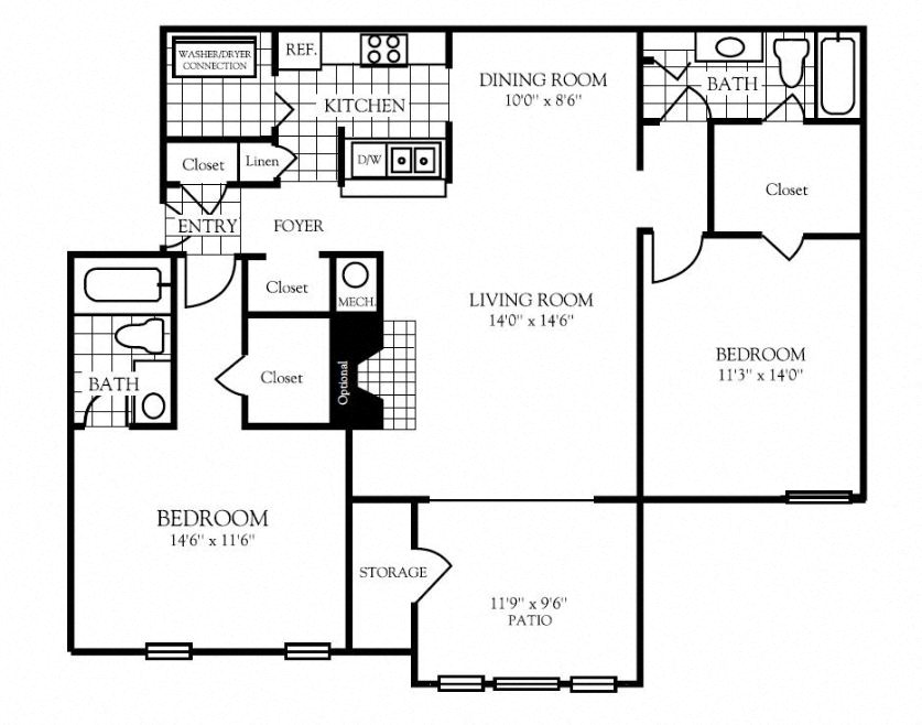 Floor plan for 2 beds, 2 baths, 1173 sqft